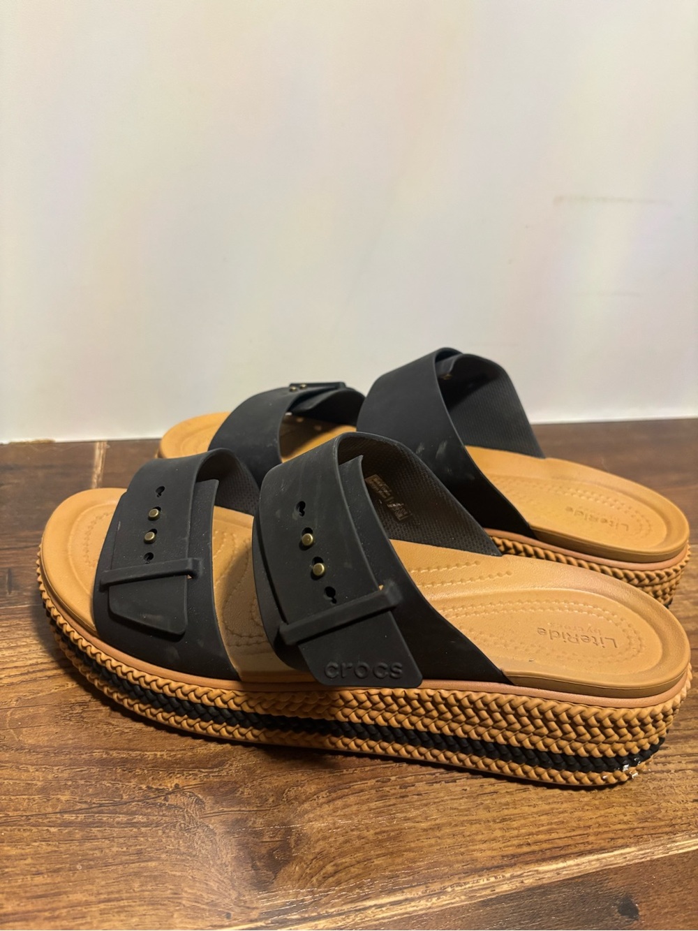 Like New Crocs Black and Tan Sandals